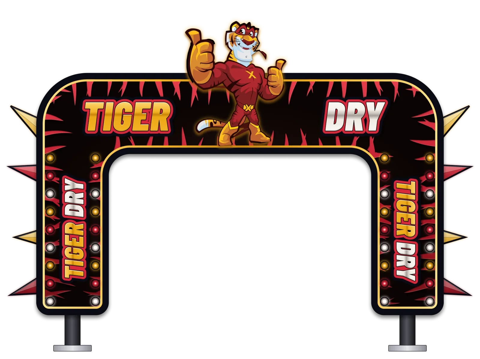 The Tiger Dry arch for Tiger Xpress Carwash: a black arch with red and gold flames and rows of lights, Tiger Dry on the top and down both legs, and the Tiger Xpress tiger on top giving two thumbs up.
