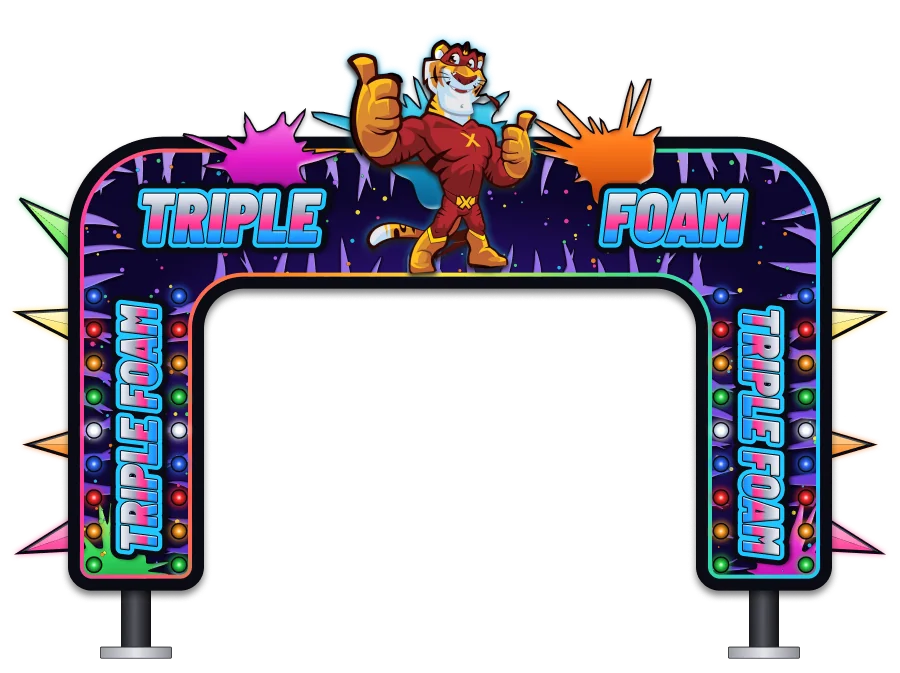The Triple Foam arch for Tiger Xpress Carwash: a dark purple arch with bright foam splashes and coloured lights, Triple Foam on the top and down both legs, and the Tiger Xpress tiger on top giving two thumbs up.