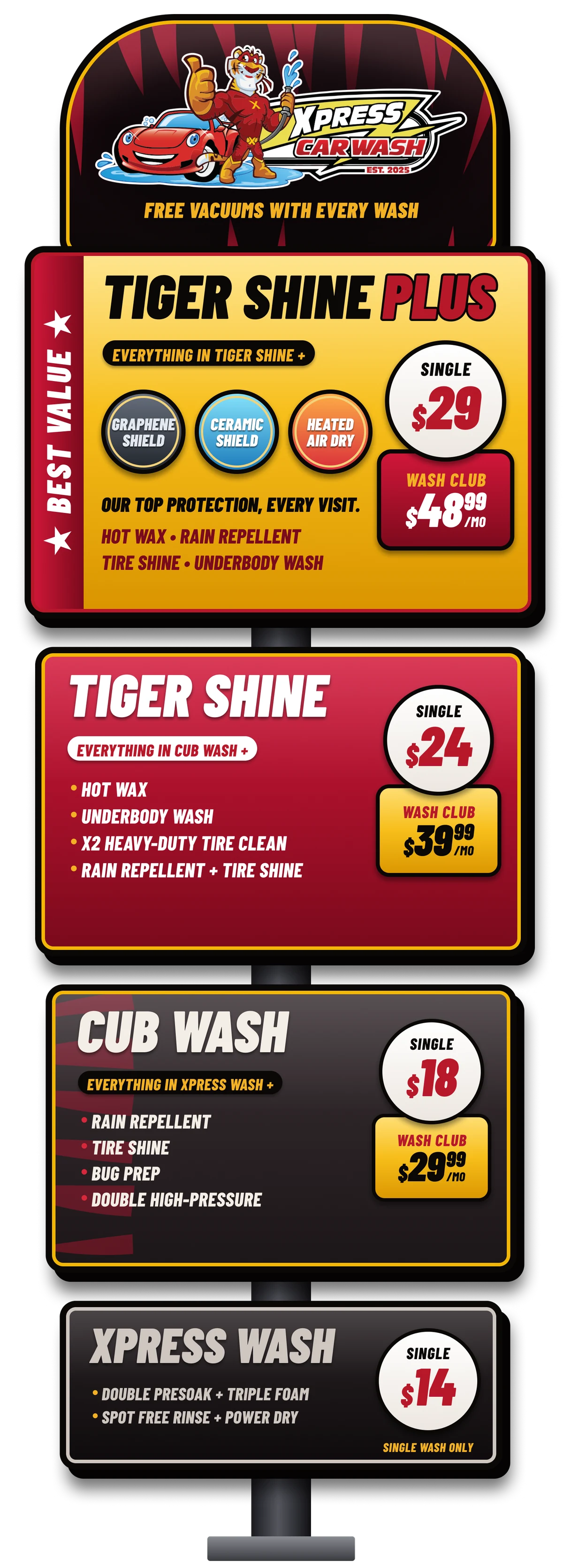 A tall Tiger Xpress Carwash menu sign on a pole, four wash levels from Xpress Wash to Tiger Shine Plus with single and wash club prices.