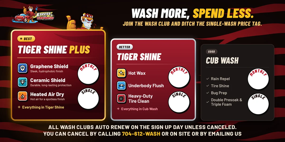 A wide Tiger Xpress Carwash wash club menu board, Wash more, spend less.