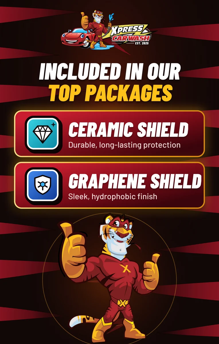 A Tiger Xpress Carwash sign about its Ceramic and Graphene Shield.