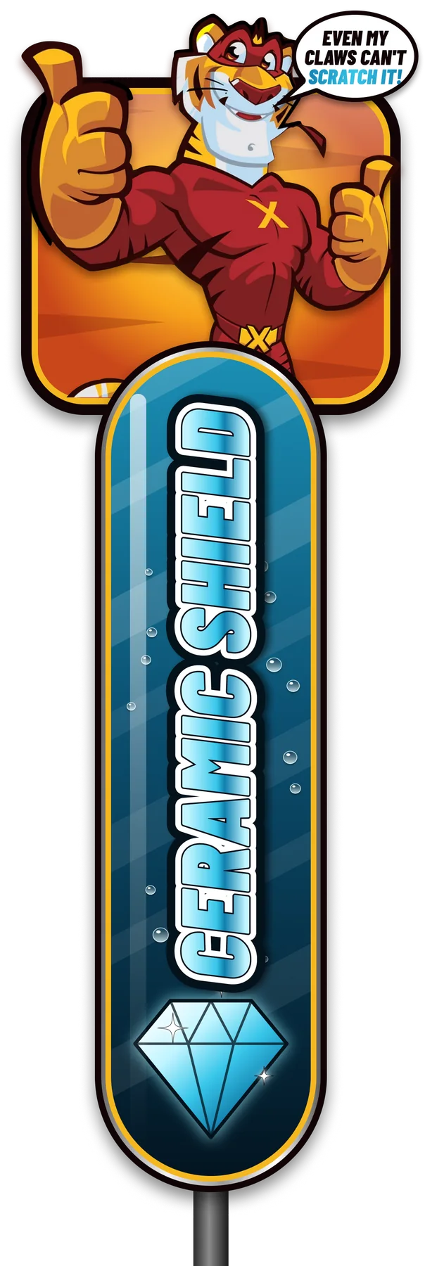 The Ceramic Shield tunnel sign for Tiger Xpress Carwash: a blue sign with a diamond at the foot, with the Tiger Xpress tiger above it giving a thumbs up.