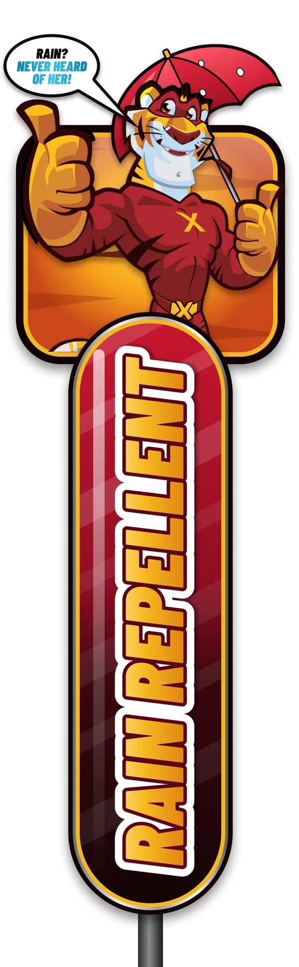 The Rain Repellent tunnel sign for Tiger Xpress Carwash: a red sign, with the Tiger Xpress tiger above it holding an umbrella.