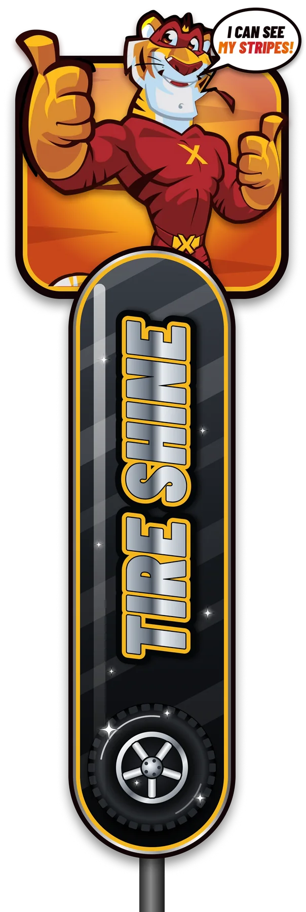 The Tire Shine tunnel sign for Tiger Xpress Carwash: a black sign with a tire at the foot, with the Tiger Xpress tiger above it giving a thumbs up.