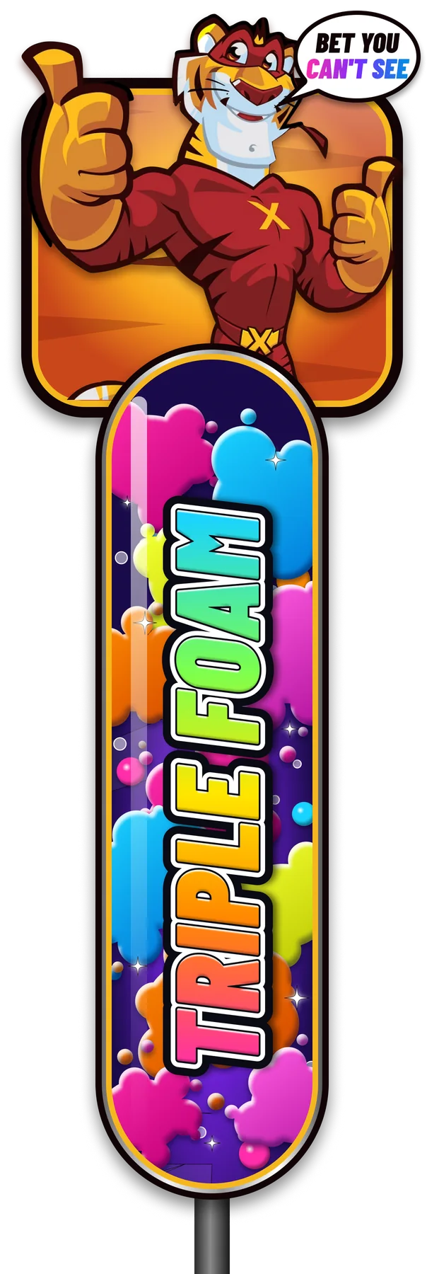 The Triple Foam tunnel sign for Tiger Xpress Carwash: a sign covered in bright foam bubbles, with the Tiger Xpress tiger above it giving a thumbs up.